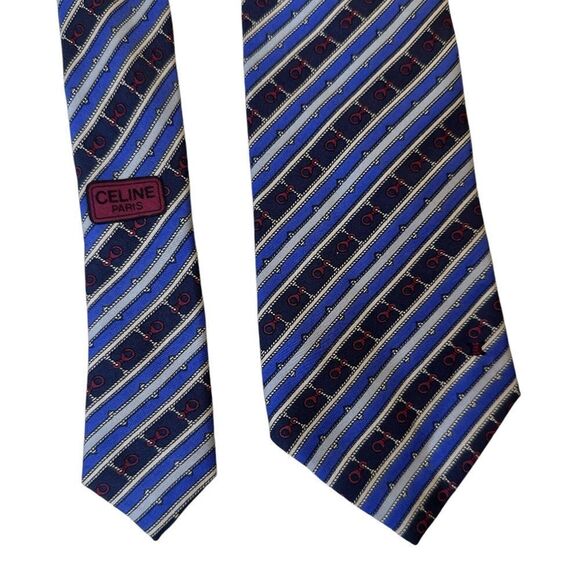 CÉLINE Paris Navy Stripped Red Printed Tie - Picture 4 of 5